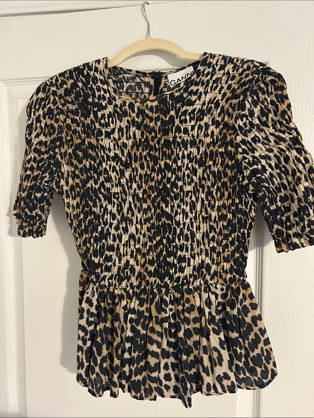 Ganni Black and Tan Leopard Smocked Peplum Top